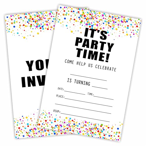 It'S Party Time! Birthday Invitations, 20 Colorful Dots Invite Cards With Envelopes -Double-Sided Fill In Style Invitation For Boys & Girls -Party Favors & Decorations - B04