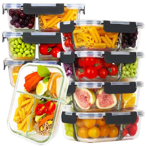 HOMBERKING 8 Pack Glass Meal Prep Containers 3 Compartment, 36oz Glass Food Storage Containers with Lids, Airtight Lunch Bento Boxes, BPA-Free & Leak Proof (8 lids & 8 Container) - Black