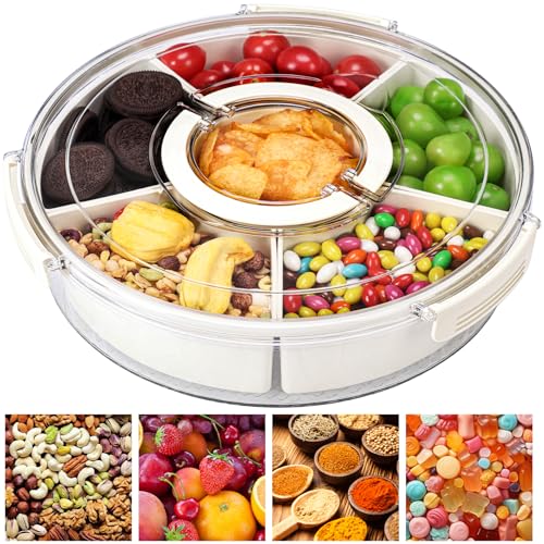 Snackle Box Container Divided Serving Tray with Lid, Handle, Spoon and Fork - Kitchen Portable Spinning Round Stackable Container with 6-Compartment for Veggies, Fruit, Candy, Party, Nuts, Essentials