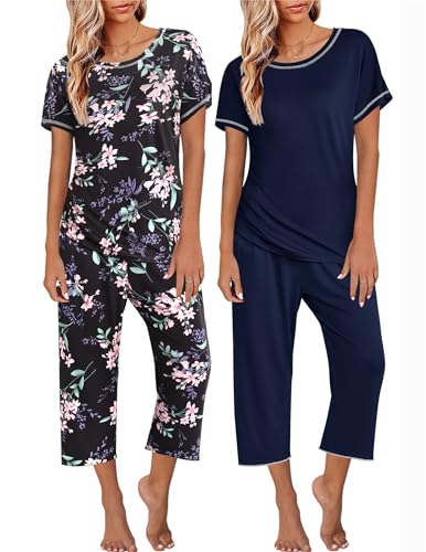 Ekouaer 2 Pack: Womens Pajamas Short Sleeve Sleepwear Tops and Capri Pants Pjs Print Pajama Sets Black Flowers Navy Blue XXL