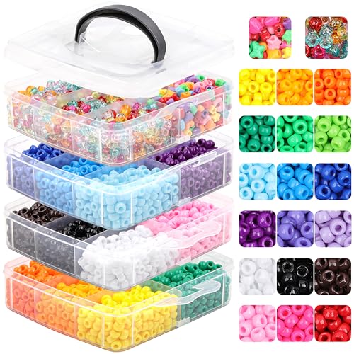 KAKW Pony Beads for Bracelets 4800 Pcs Plastic Beads for Friendship Bracelets Necklace 6x9mm 18 Solid Color Beads 8 Colors Pony Beads Shapes 10 Colors Glitter Beads for Jewelry Making Supplies