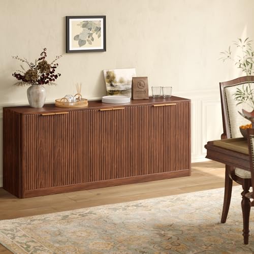 Evermagin 67" Walnut Fluted Sideboard Buffet Cabinet with Storage, Large Buffet Cabinet with 6 Doors, Wood Mid Century Modern Sideboard for Kitchen and Living Room