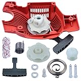 Chainsaw Recoil Start Starter Pulley Rope Kit for Husqvarna 137 137E 142 142E with Recoil Spring, Starter Pulley Hub, Handle, Top Spring, Rope, Washer, Air Filter Mount Screw, Pulley Mount Screw