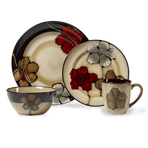 Pfaltzgraff Painted Poppies 16-Piece Dinnerware Set, Service for 4, Colorful Floral Stoneware Plates, Bowls, and Mugs, Microwave and Dishwasher Safe