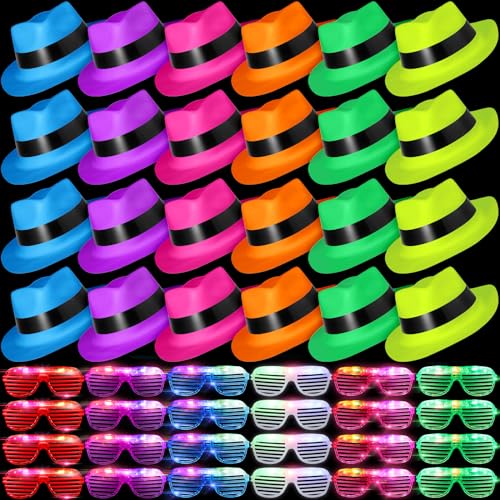 48 Pieces Neon Party Supplies 24 Pack Neon Style Gangster Fedora Dress Hats with 24 Pack Flashing Plastic Light up Glasses for Glow Halloween Party Women Girls Costume 80's Style Dressing up Party