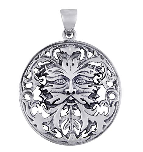 Moonlight Mysteries Green Man Greenman Pendant - Large .925 Sterling Silver Celtic Pagan Jewelry - 1 3/16" (3 cm) Diameter