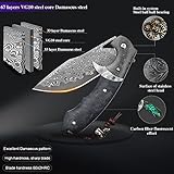 Minowe Handmade Damascus Steel Folding Knife with leather case，3.8in VG10 steel core blade,Steel ball bearings+Carbon Fiber handle，Tactical pocket knife Hiking carry EDC Knife