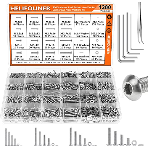 HELIFOUNER 1280 Pieces M2 M2.5 M3 M4 304 Stainless Steel Button Head Socket Cap Metric Screws Bolts Washers Nuts Hardware Assortment Kit with Hex Wrenches