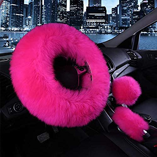 SPANICE 3 Pcs Car Steering Wheel Cover & Handbrake Cover & Gear Shift Cover Set Faux Wool Warm Winter (Rose Red)