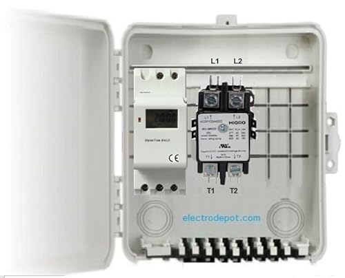 Double Pole, 220VAC Digital Timer Switch 7 Day 24 Hr 40A, 50A, 30A, 240V 2P in Weatherproof Enclosure, 3 Year Battery Backup, Manual Override