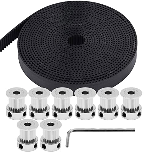 Zeelo GT2 Timing Belt 9mm Pulley, 8pcs 5mm 20 Teeth Timing Pulley Wheel and GT2 5 Meters Rubber 2mm Pitch 9mm Wide Timing Belt with Allen Wrench for 3D Printer CNC