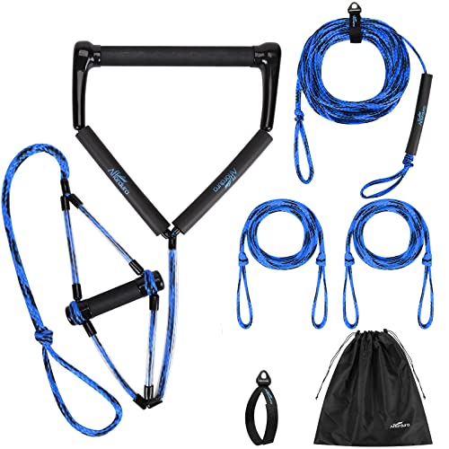 Affordura Water Sports Tow Rope 75 Feet with Handle - Wakeboard & Ski Rope for Water Skiing & Tubing, 4 Sections, Blue-Black