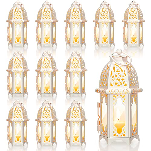 12 Pcs Moroccan Lantern Ramadan Candle Lanterns Vintage Metal Candle Holder with Transparent Glass Hanging Tea Light Holder Bulk for Wedding Halloween Christmas Ramadan Table Centerpiece Diwali Decor