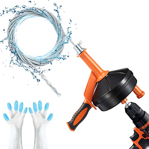 Drain Auger, Breezz Clog Remover with Drill Adapter, 25 Feet Flexible Plumbing Snake Use Manually or Powered for Kitchen,Bathrom and Shower Sink, Comes with Gloves(Orange)