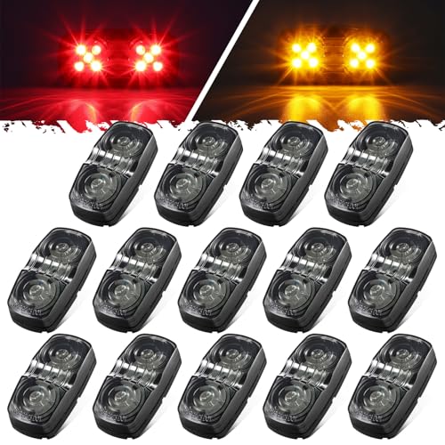 Partsam 14x Trailer RV Marker LED Lights Double Bullseye 10LEDs Clearance Lights Red/Amber, 4x2 Tiger Eye 12V Rectangular LED Side Marker Light Surface Mount Camper Truck, Smokede Lens/Black Base