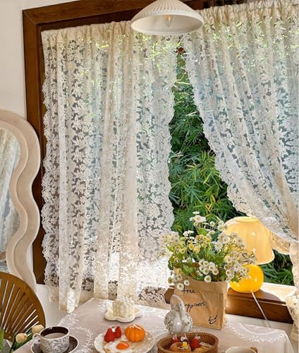 JESSANS 2 Panels French Curtains Lace Gauze for Living Room Cream Retro Wavy Edge Bedroom Bay Window Girl Embroidery Curtain Door White Tulle Rod Pocket (W51 XH63 White Color)