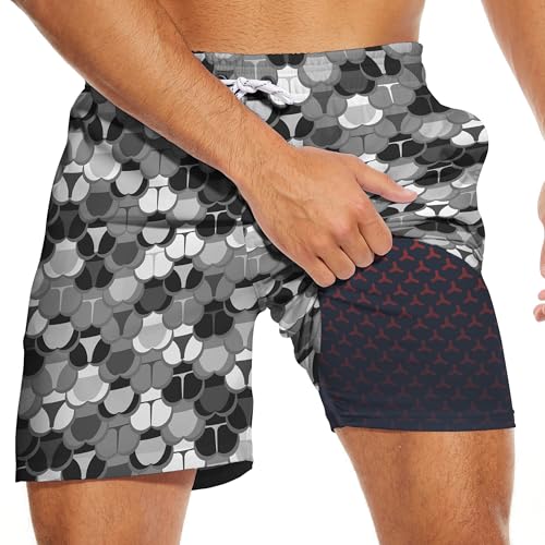 Wemkuqa Men's Funny Swim Trunks with Compression Liner 5" Inseam Mens Funny Fish Tail Quick Dry Board Shorts with 4 Pockets Fun Bathing Suit for Men(Gray Fish Tail-XL)