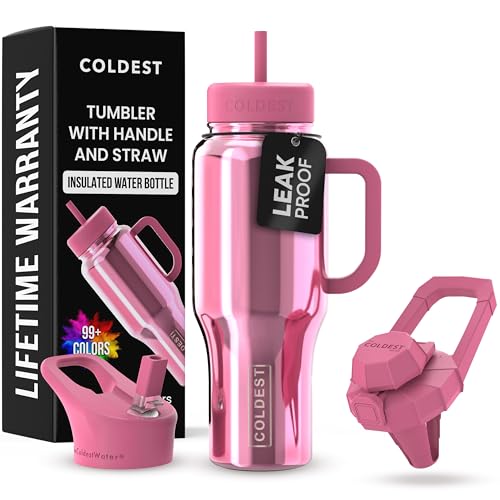 Coldest Tumbler with Handle and Straw - 100% Spill Proof Tumbler with Straw (3 Lids) - Stainless Steel Insulated Leakproof Tumblers for Women & Men - 36 oz (Pink Reflections)