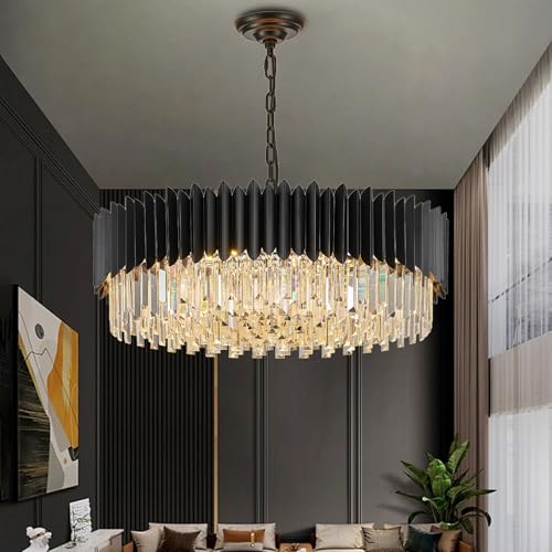 YOLIZUOT Black Crystal Chandelier 30'' K9 Crystal Round Pendant Lights Adjustable 6-Tier Large Modern Crystal Chandelier Light 12-Lights for Dining Room Living Room Kitchen Foyer Entryway