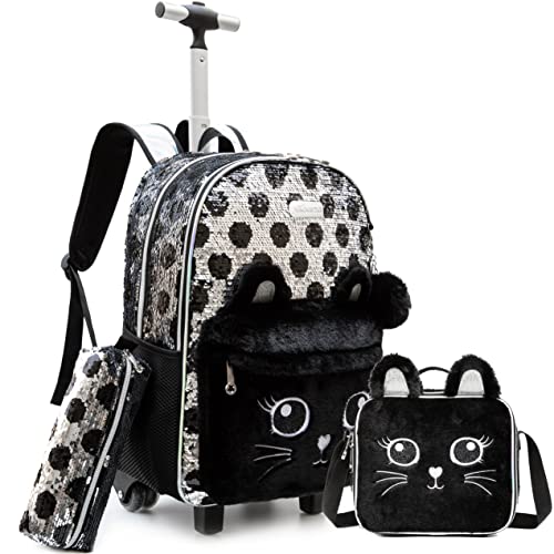 ZBAOGTW Rolling Backpack for Girls with Wheels, Lunch Box and Pencil Bag, Adjustable Length, Sequins, School Travel Picnic
