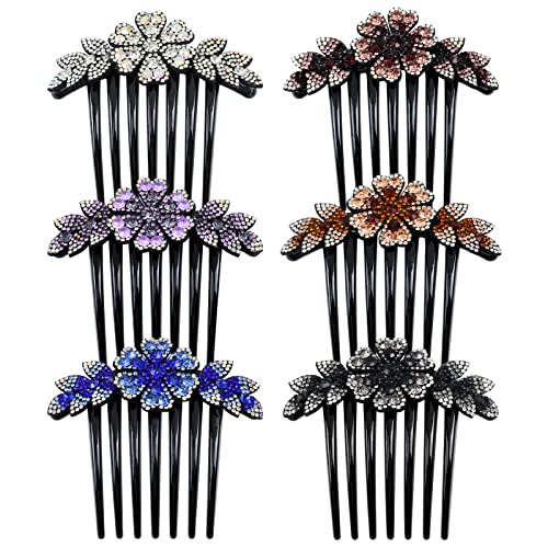 inSowni 6 Pack Luxury Sparkly Glitter Flower Leaf Rhinestone Black Plastic Hair Side Combs French Twist Slides Hairpins with Long Teeth Barrettes Bun Updo Clips Holders for Long Thick Hair Accessories