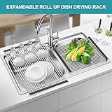 BBXTYLY Extra Large Expandable Roll Up Dish Drying Rack,Over The Sink Drying Rack Sink Cover Kitchen Sink Accessories Kitchen Rolling up Stainless Steel Drainer, Foldable,Rollable（Black，25.1''-17.3''）