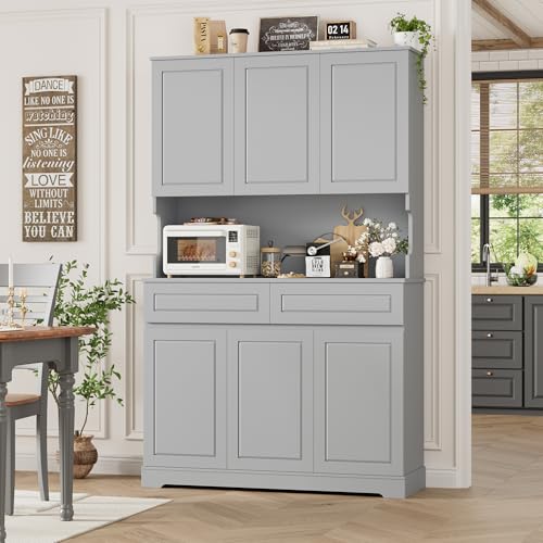 FACBOTALL 74" Pantry Cabinet, Tall Kitchen Pantry Cabinet with 6 Doors and 2 Drawers, Kitchen Hutch with Wide Countertop, Modern Kitchens Cupboard with Adjustable Shelves and Charge Holes, Grey