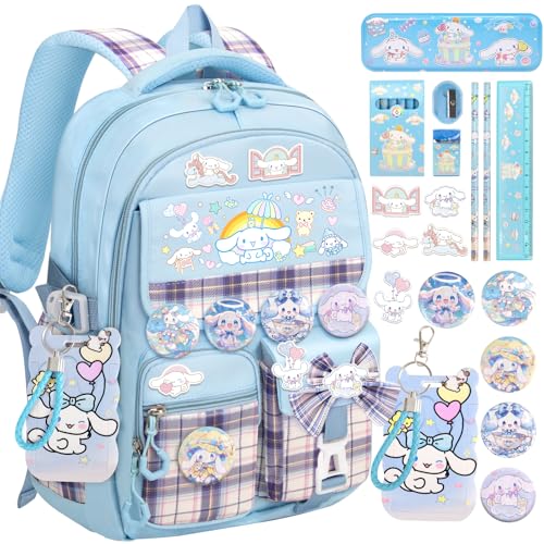 KIEAL 19IN School Backpack for Girls with 24Pcs Kawaii Accessories, Anime Stuff Anti-Theft Kids Backpack for Students Aged Between 4-8 Years Old, New Semester Presents with Pins and Card Holder