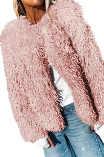 Aoang Women' s Cropped Faux Fur Coat Shaggy Furry Coat Long Sleeve Winter Outerwear Fluffy Pink Jacket Pink L