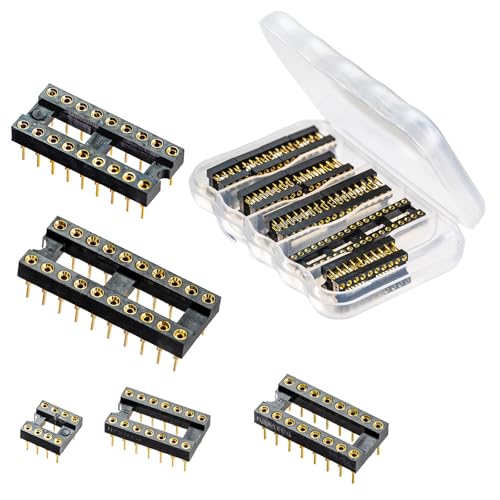 CHIPNEW 5 in 1 Gold Plated DIP-Sockets kit,Round Hole Round Pin Machined Sockets,Breadboard and PCB Compatible,for OP-AMP,IC, MCU Straight Socket .Covers 5 Common Types:DIP8,DIP14,DIP16,DIP18,DIP20