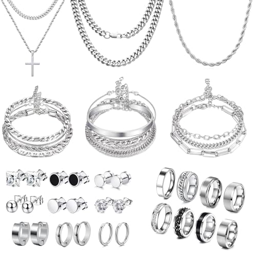 FEYIR 33 Pcs Silver Jewelry Set for Men Stainless Steel Band Ring Cuban Link Bracelet Necklace Stud Hoop Earrings Mens Jewelry Set