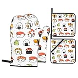 Japanese Kawaii Sushi Oven Mitts and Pot Holders Set of 4, Oven Mittens and Potholders Heat Resistant Gloves for Kitchen Cooking Baking Grilling BBQ