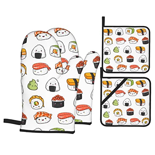 Japanese Kawaii Sushi Oven Mitts and Pot Holders Set of 4, Oven Mittens and Potholders Heat Resistant Gloves for Kitchen Cooking Baking Grilling BBQ