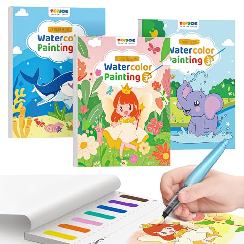 TECJOE 3 Pack Paint with Water Coloring Books for Toddlers, Watercolor Paint Set with 6 Brushes, Painting Activity for Kids Ages 4 5 6 7 8, Christmas Gift Arts & Crafts Toy, Princess, Forest & Sea