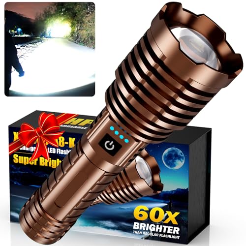 Super Bright Rechargeable LED Flashlights, 5000.000 True High Lumens,Tactical Flashlight Up to 25H Long Battery Life| Zoomable| 5Light Modes| IP67 Water Resistant,Strong Flashlight for Camping (Brown)
