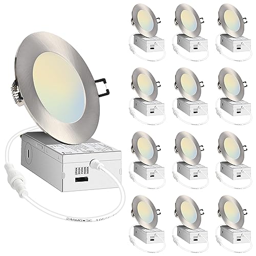 POPANU 4 inch LED Recessed Light Canless Ceiling Fixture 9W 5CCT 4" LED Wafer Lights Housing & Trim Kits Dimmable Ultra-Thin Downlight Brushed Nickel 4in 12Pack
