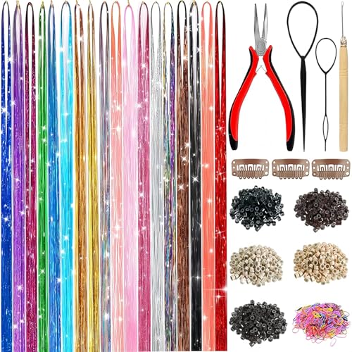 Hair Tinsel,18 Colors Hair Tinsel Kit for Girls 7600 Strands Fairy Tinsel Hair Extensions Holographic Hair Tinsel Heat Resistant Colored Hair Glitter Christmas Party Festival (18 Colors) (18 Colors)