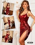 VIDUSSA Women's Sparkly Glitter Dress Cowl Neck Spaghetti Strap Ruched Bodycon Cocktail Party Night Club Midi Dresses Wine Red Medium