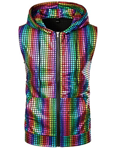 ZEROYAA Mens Hipster Metallic Sequins Zip Up Sleeveless Hooded Vest T Shirt with Kangaroo Pocket ZLSV17 Multicolour Small