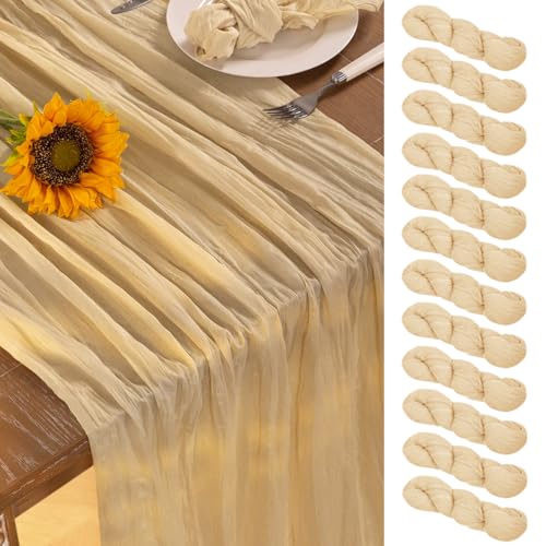 DeZerlor Champagne Gold Cheesecloth Table Runner 12 Pack Summer Sheer Cheese Cloth Table Runners Boho Gauze 120 Inches Summer Table Decorations for Champagne Bridal Shower Wedding Baby Shower Parties