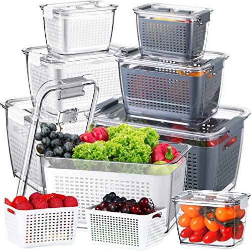 Zopeal 6 Pack Fruit Storage Containers for Fridge Produce Saver Containers for Refrigerator Fruit for Fridge Keep Fresh with Lids Colander and Dividers for Salad Berry Vegetable(White, Gray)