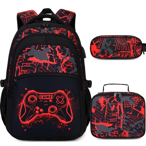 DIGOBAY Boys Backpack for School, 3PCS Cool Luminous Gamer Backpack for Boys with Lunch Box Pencil Case, Kids Backpacks Bookbag for Teen Boy Elementary Middle High School with USB Charging Port