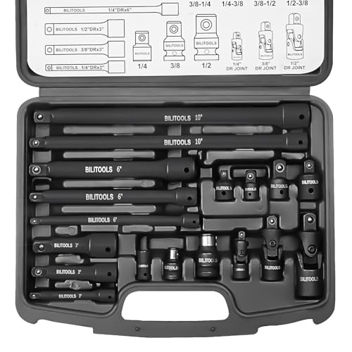BILITOOLS 18-Piece Drive Tool Accessory Set, includes 1/4" 3/8” & 1/2” Drive Socket Extension Set, Socket Adapter, Universal Joints, Cr-V Steel
