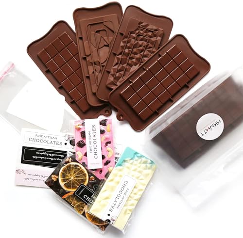 HKNMTT Chocolate Candy Bar Mold Silicone with 50 Clear Wrappers/Stickers/Plastic Scraper and Reusable Storage Bag, Lover Mothers Fathers Valentine's Day DIY Chocolate Molds Gift