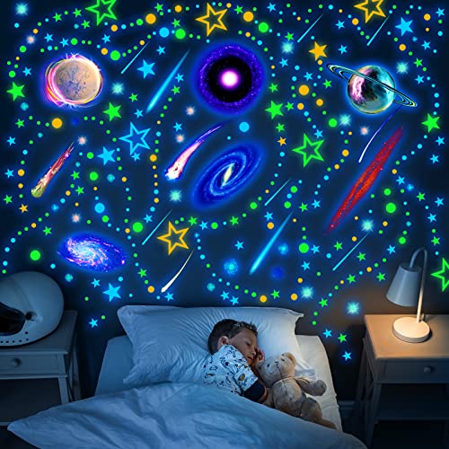 495 Pieces Glow in The Dark Moons and Stars Wall Decals for Ceiling, Removable Glowing Stars and Planets Wall Decal Sticker Glow in The Dark Galaxy Ceiling Decor for Bedroom Living Room Nursery