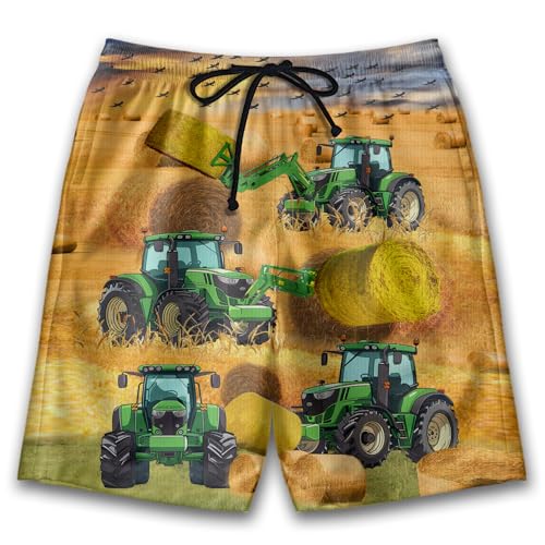 Tractor Mens Swim Trunks - Farm Hawaiian Mens Shorts - Summer Drawstring Beachwear Shorts Series 72 Size L