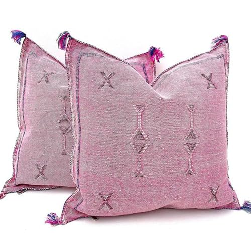 Moroccan Pillow Cover 20x20 - Cactus Silk Pillow | Hand Woven Decorative Sabra Cushion | Boho Moroccan Decor for Home | Bohemian Cushion Covers (Pink, 2)