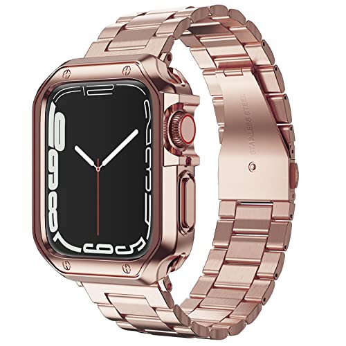 Designed for Apple Watch Band and Case, Stainless Steel Metal Chain with TPU Cover, Smart-Watch Link Bracelet Strap, Wrist-Band for i-Watch Series 9 8 7 6 5 4 3 2 1 SE, 45mm 44mm 42mm, Rose-Gold