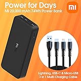 Xiaomi Mi 20000mAh Redmi Power Bank 74Wh 3.6A Rapid Charge Two Devices at Once, Dual Micro-USB/USB-C Input Port w/Generic 3-1 MultiCharging Cable, Cable Not Made by MI & No MI Warranty