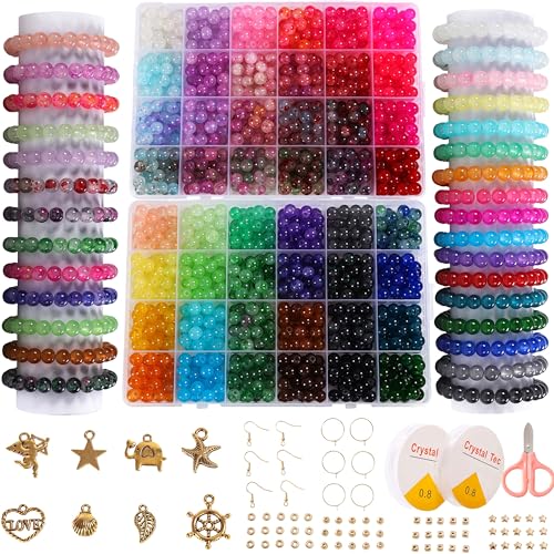 Glass Beads for Jewelry Making, 1280pcs + 8mm 48 Colors Round Crystal Glass Beads Bracelet Making Kit, Bead Starter Kit for Birthday Holiday Gifts